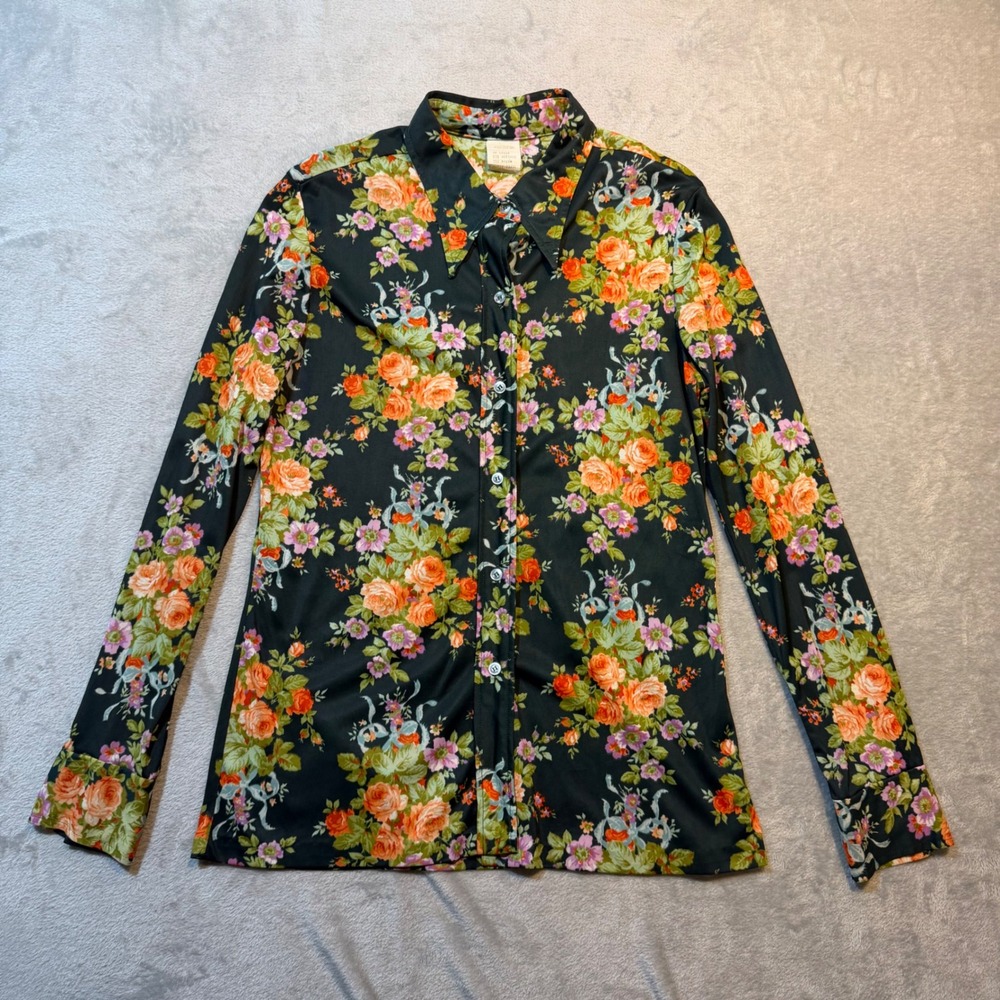 Rare Vintage 70s Dark Bohemian Floral Button Up Black Rose Top Long Sleeve 15/16